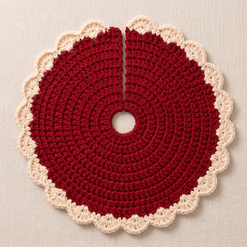 Puede incluir: Una falda de &aacute;rbol circular tejida a ganchillo en color rojo oscuro, con una abertura central y una ranura para facilitar su colocaci&oacute;n. El borde exterior presenta un acabado decorativo festoneado en color crema contrastante.