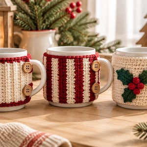 May include: Three white ceramic mugs, each featuring a removable crocheted cosy. The first cosy is cream with red trim, the second has red and cream vertical stripes, and the third is cream with a green holly leaf and red berry applique.