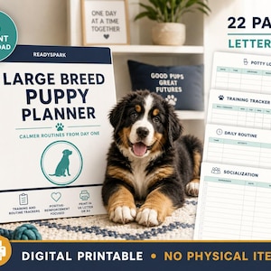 Può includere: Un pianificatore per cuccioli di taglia grande con rilegatura a spirale, copertina bianca, testo blu scuro, sagoma di cane color ottanio e icone per il monitoraggio. Include 22 pagine in formato Letter e A4 per il download digitale.