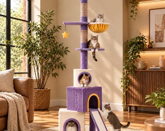 Floor to Ceiling Cat Tree, Purple Cat Tower with Hammock, Condos, Scratching Posts & Adjustable Height