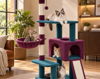 Modern Cat Tree Tower with Flower Bed, Hammock Basket, Condo, Scratching Posts & Climbing Platforms