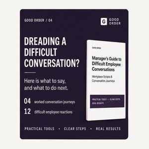 May include: A dark purple informational card titled Dreading a Difficult Conversation? featuring a white book titled Manager's Guide to Difficult Employee Conversations. The card lists 04 worked conversation journeys and 12 difficult employee reactions.
