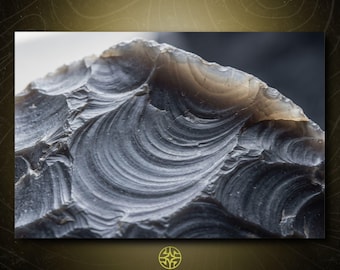 Puede incluir: Una vista de cerca de una piedra de sílex gris oscuro con fracturas concoideas distintivas. La superficie muestra crestas curvas y afiladas y patrones suaves y estratificados creados por el proceso de tallado de la piedra.