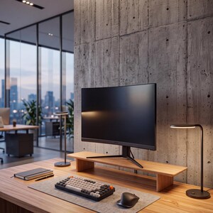 Op de afbeelding: Een houten bureauopstelling met een gebogen computermonitor op een houten verhoger, een mechanisch toetsenbord met grijze en witte toetsen, een donkergrijze computermuis, een grijze vilten bureaumat, een notitieboek en twee slanke zwarte led-bureaulampen.
