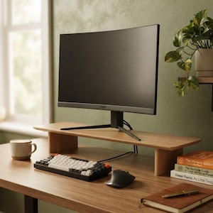 Op de afbeelding: Een monitorstandaard van licht hout met een rechthoekig blad en twee zijsteunen. De standaard draagt een zwarte computermonitor, terwijl een mechanisch toetsenbord, een computermuis, een mok, een bruin notitieboek en boeken op het bureau staan.