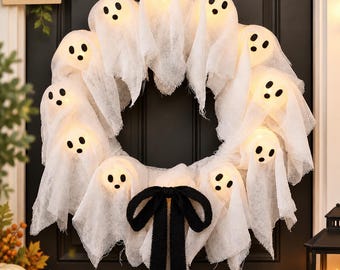 Light Up Ghost Wreath – Spooky Halloween Door Decoration & Garland for Indoor  Outdoor Fall Party