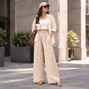May include: A beige baseball cap, a white crop top, an unbuttoned beige long-sleeve shirt, and beige wide-leg trousers with a white grid pattern. The outfit includes a brown shoulder bag and brown sandals, with a white disposable coffee cup.