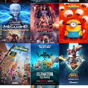 Pode incluir: Uma colagem de dez cartazes de filmes com vários personagens animados e live-action, incluindo Spider-Man, Ne Zha, Batman Ninja, Megamind, Masters of the Universe, Minions, Zootopia, Plankton, Avatar Aang e Goat, com títulos e datas.