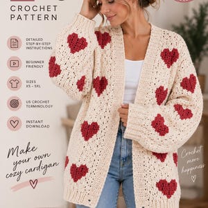 Op de afbeelding: Een haakpatroon voor een hartjesvest met een crèmekleurige basis en rode hartjesmotieven. De tekst bevat Heart Cardigan, Crochet Pattern, PDF Pattern, Detailed step-by-step instructions, Beginner friendly, Sizes XS-5XL, US crochet terminology, Instant download, Make your own cozy cardigan, Crochet more happiness, en XS-5XL Simple Cozy Timeless.