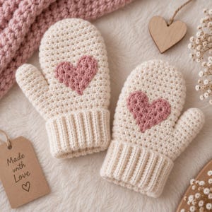 Op de afbeelding: Een paar crèmekleurige gehaakte wanten met een gestructureerd roze hart op de rug van elke hand. De wanten hebben een geribbelde boord en gaan vergezeld van een bruin papieren label met de gedrukte tekst Made with Love en een hartsymbool.