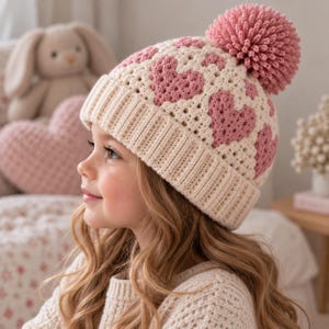 Op de afbeelding: Een crèmekleurige gebreide muts met een herhalend patroon van roze harten. De muts heeft een geribbelde boord aan de onderkant en een grote, textuurrijke roze pompon aan de bovenkant. Het ontwerp is gemaakt met een zichtbaar brei- of haakpatroon.