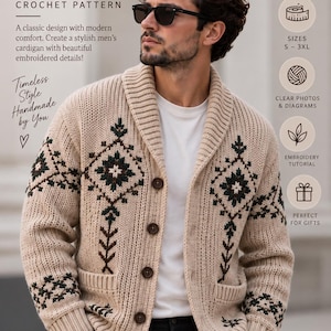 Op de afbeelding: Een beige gehaakt vest met een sjaalkraag, donkerbruine knopen en donkergroene en bruine geometrische borduursels. De tekst luidt Men's Embroidered Cardigan Crochet Pattern, Timeless Style Handmade by You en Create Wear Gift Repeat.