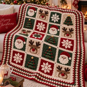 Christmas Crochet Blanket Pattern PDF | Granny Square Blanket | Santa Reindeer Snowflake Pattern | Christmas Crochet Decor