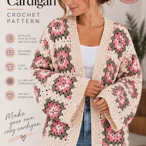 Op de afbeelding: Een haakpatroon voor een granny square vest met de tekst Granny Square Cardigan, Crochet Pattern, PDF Pattern, Detailed step-by-step instructions, Beginner friendly, Sizes XS-5XL, US crochet terminology, Instant download, Make your own cozy cardigan, XS-5XL, Simple, Cozy, Timeless. Het vest is gemaakt van crème, roze en saliegroene vierkanten.