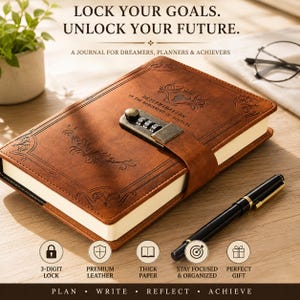 May include: A brown leather-bound journal featuring an embossed cover with the text "DETERMINATION IS THE BEGINNING OF SUCCESS" and a metal 3-digit combination lock. The journal is accompanied by a black pen and displays decorative scrollwork.