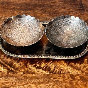 Vintage Silver Condiment Set with Tray & Two Bowls, Ornate Metal Relish Jam Jam Pot Servers, Mid Century Tea Party Table Decor