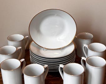 Gibson Everyday Gold Rim Dinnerware, White Porcelain Bowls or Mugs, Choose Set of 5 Bowls or 4 Coffee Mugs