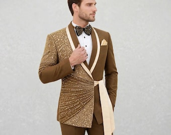Maßgeschneiderter Herren-Smoking, handbestickter Blazer mit Perlenbesatz, königlicher Bräutigam-Hochzeitsanzug, Abendmantel für den roten Teppich, maßgeschneidertes Dinnerjacket