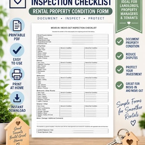 May include: A printable move-in and move-out inspection checklist for rental properties. The document features sections for living areas, kitchen, bathrooms, bedrooms, and exterior spaces, with blank lines for recording condition at the start and end of a tenancy.