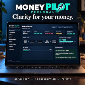 May include: A laptop screen displaying the Money Pilot Personal dashboard interface with financial data, including income, spending, and savings metrics. The dark-themed software shows a Money Health Score of 82/100 and various budget tracking categories.