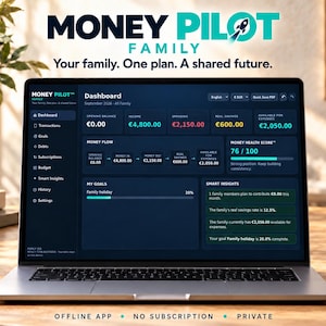 Può includere: Un computer portatile che mostra la dashboard di Money Pilot Family, un'interfaccia di pianificazione finanziaria in modalità scura, con entrate, uscite, risparmi e un punteggio di salute finanziaria di 76/100. Lo schermo include il testo: Money Pilot.