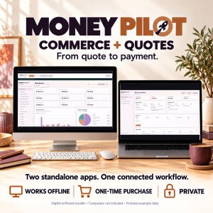 Puede incluir: Un ordenador de sobremesa y un portátil que muestran la interfaz del software Money Pilot. El texto dice Money Pilot Commerce + Quotes, From quote to payment, Two standalone apps. One connected workflow, Works offline, One-time purchase, Private.