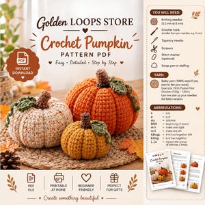 May include: A digital PDF crochet pattern for pumpkins from Golden Loops Store. The image displays three crocheted pumpkins in orange, yellow, and speckled cream, each with a brown stem and green leaf. Includes lists for yarn, needles, and abbreviations.