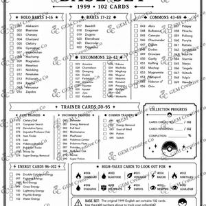 Può includere: Una lista di controllo in bianco e nero per il set base Pokémon del 1999 con 102 carte. Il documento include elenchi categorizzati per Holo Rares, Rares, Uncommons, Commons, carte Allenatore e carte Energia, oltre a un tracker per la collezione.