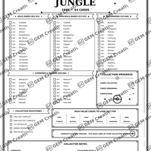 Può includere: Una lista di controllo stampata in bianco e nero per tracciare una collezione di carte Pokémon Jungle 1999. Il documento presenta elenchi di 64 carte suddivise per rarità, una sezione di progresso, carte di valore e note per il collezionista.