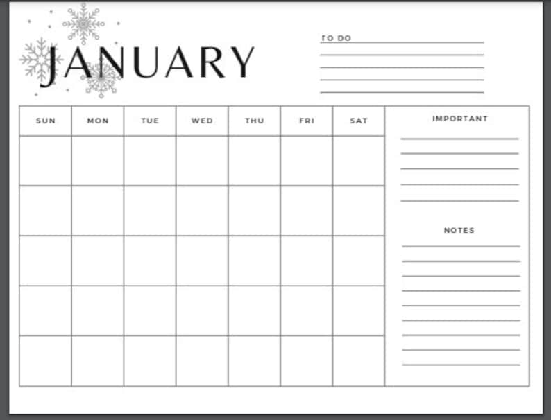 Minimalist Monthly Calendar Template - 8.5x11" - Black and White - Etsy