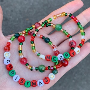 Christmas handbeaded friendship bracelets stack - red and green - Holiday bracelets