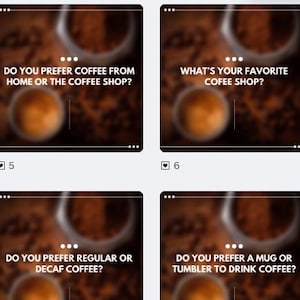 Puede incluir: Se muestran cuatro preguntas diferentes sobre el café sobre un fondo borroso de granos de café y una taza de café. Las preguntas son: "¿Prefieres el café de casa o de la cafetería?", "¿Cuál es tu cafetería favorita?", "¿Prefieres el café normal o descafeinado?" y "¿Prefieres una taza o un vaso para beber café?"