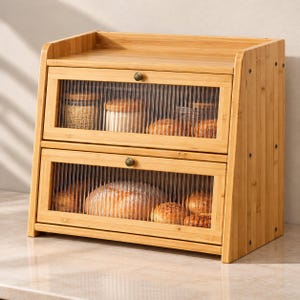 May include: A two-tier bamboo bread box featuring two drop-down doors with fluted glass panels and small round metal knobs. The interior shelves contain various baked goods and glass jars with wooden lids, visible through the clear ribbed glass.