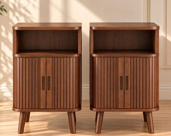 Fluted Nightstand Set of 2 with Charging Station, Mid-Century Modern  Bedside Tables, Sliding Tambour Doors, Storage Cabinet