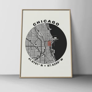 Chicago kartatryck, minimalistiska svartvita koordinater, väggkonst i blåsig stad