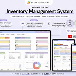 Könnte beinhalten: Ein Ultimate Series Inventory Management System Dashboard für Google Apps Script, dargestellt auf einem Laptop, Tablet und Smartphone. Die Benutzeroberfläche bietet Echtzeit-Übersichten, Bestellstatus, Bestandszusammenfassungen und Diagramme.