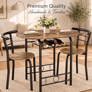 May include: A dining set featuring an oval table with a wood-grain finish and a black metal frame, including two matching chairs. The table has a lower rack holding three wine bottles, and the tabletop is set with plates, glasses, and a vase.