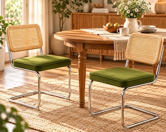 Olive Green Velvet Rattan Dining Chairs Set of 2, Mid Century Modern Cantilever Chairs
