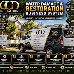 Peut inclure: Un graphique marketing numérique pour le système d'entreprise ClientCraftDesign Water Damage & Restoration. Il présente une camionnette de travail blanche et noire, une liste de cinq fichiers de flux de travail et des icônes pour les services de dégâts.