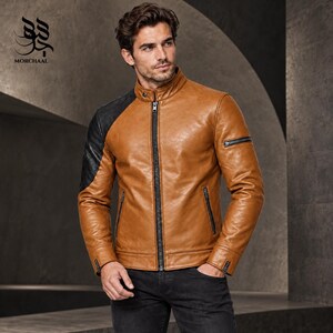 Herren-Bikerjacke aus hellbraunem Rindsleder, Motorradjacke mit schwarzem Einsatz, schmal geschnittene zweifarbige Oberbekleidung