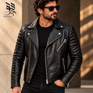 Men’s Black Embossed Leather Motorcycle Jacket, Python-Texture Biker Moto Coat, Exotic-Inspired Streetwear