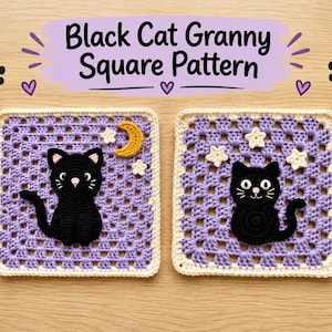 May include: Two square crochet granny squares featuring a black cat motif on a purple background with a cream border. One square includes a yellow crescent moon and white star, while the other features three white stars. Text reads Black Cat Granny Square Pattern.