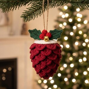 Crochet Pinecone Pattern PDF | Holly Berry Pine Cone Ornament | Rustic Christmas Decor | Jingle Bell Hanging Ornament | Instant Download