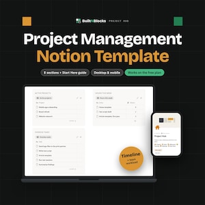 Puede incluir: Una plantilla digital de gestión de proyectos en Notion titulada BuiltNBlocks Project Hub. La pantalla muestra un portátil y un smartphone con listas de proyectos, tareas activas y horas registradas. Incluye texto: 8 sections + Start Here guide, Desktop & mobile, Works on the free plan y Timeline + team workload.