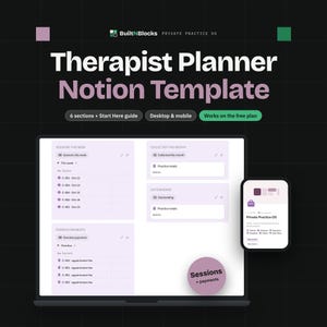 Puede incluir: Una plantilla digital de Notion para terapeutas mostrada en la pantalla de una computadora portátil y un teléfono inteligente. La interfaz presenta paneles de color violeta claro para sesiones, pagos cobrados y tarifas pendientes con etiquetas como BuiltNBlocks.