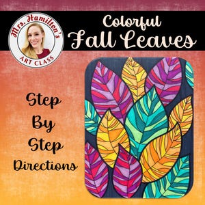 Può includere: Un'illustrazione colorata di foglie autunnali nei toni del viola, arancione, giallo e verde acqua. L'immagine include il testo "Colorful Fall Leaves" e "Step By Step Directions". Un ritratto di donna è in un cerchio.