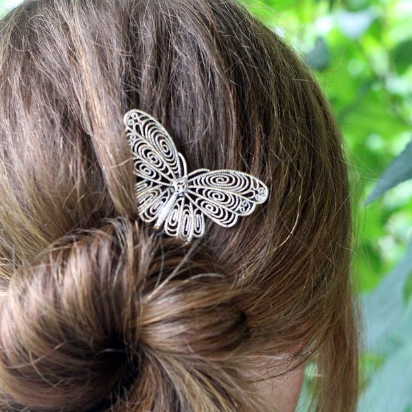 Large Silver Butterfly Bobby Pin, Single Silver Colored Butterfly, Butterfly Hair Accessories, Insect Hair Clip, Woodland Hair Pin, Silver