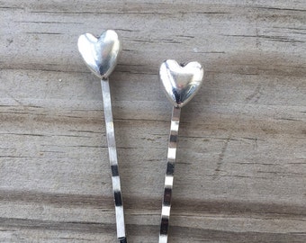 Heart Bobby Pins, Tiny Silver Hearts, Bobby Pin Set of Silver Hearts, Two Silver Heart Bobby Pins, Small Heart Hair Clip, Heart Pins, Silver