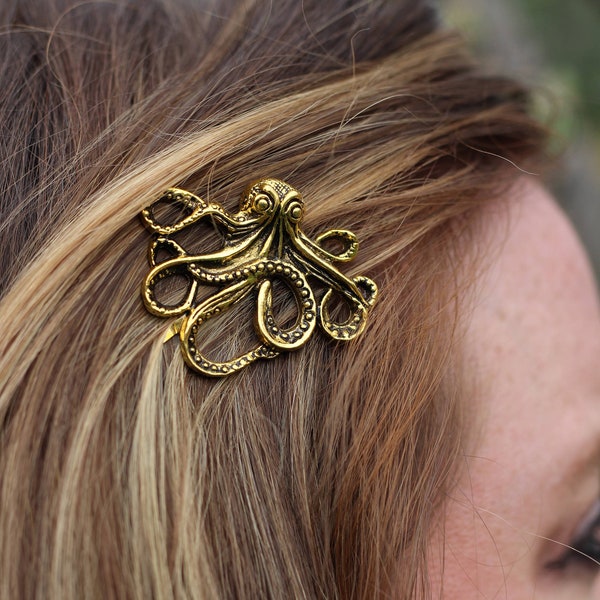 Octopus, Single Gold Octopus Bobby Pin, Gold Colored Octopus, Octopus Hair Accessory, Sea Creature, Gold Kraken, Kraken, Kraken Bobby Pin