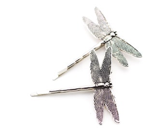 Silver Dragonfly Bobby Pins, Set of Two, Antique Silver, Nickel Free Dragonflies, Dragonflies, Dragonfly Hair Clips, Silver Dragonflies